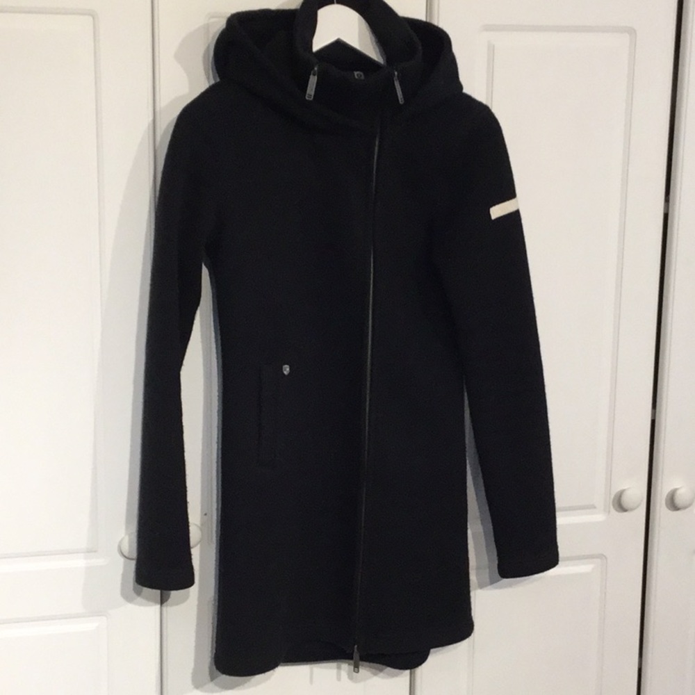 BENCH Black heavy knit fitted knee length coat.